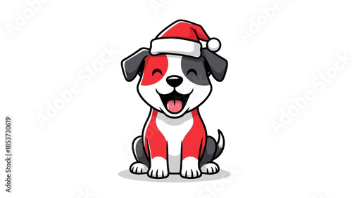 A cute cartoon dog wearing a Santa hat, with a red, white, and black coat, sitting and smiling happily.