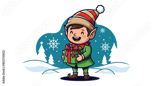 A cheerful cartoon elf wearing a striped hat and green tunic, holding a wrapped gift in a snowy winter landscape.