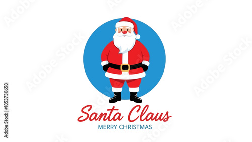 A stylized illustration of Santa Claus with a white beard and red suit, standing against a blue circle.