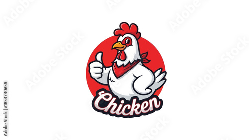 A cartoon chicken giving a thumbs up with the word "Chicken" written below it, set against a red circle.