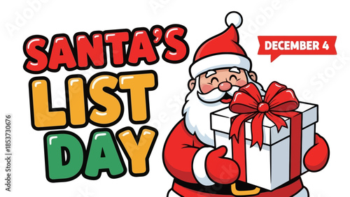 Santa's List Day Festive Illustration Featuring Santa Claus with Gift, December 4th Celebration