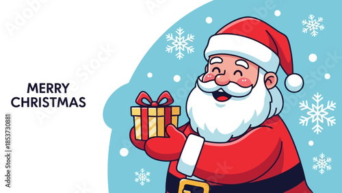 Cheerful Santa Claus Illustration with Gift and Snowflake Background for Merry Christmas Wishes