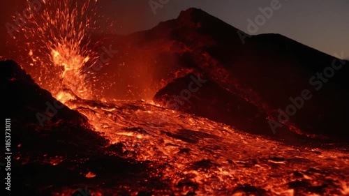 Glowing Lava Flow and Volcanic Landscape with Intense Heat
