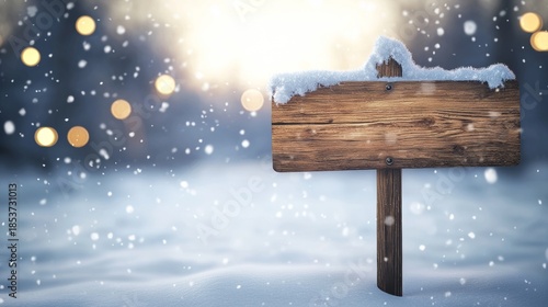 Snow-covered wooden sign stands in a snowy landscape with bokeh lights in the background during winter twilight