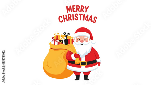 A Festive Vector Illustration of Santa Claus Holding a Bag of Gifts with 'Merry Christmas' Text Overhead