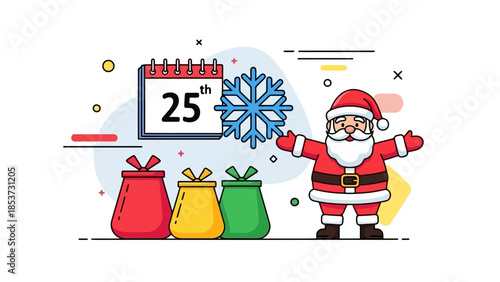 Festive Holiday Scene Santa, Gifts, Calendar and Snowflake Illustration