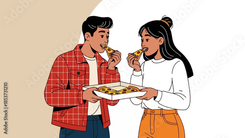 Couple Enjoying Pizza  Illustrated Slice of Happiness Together at Home