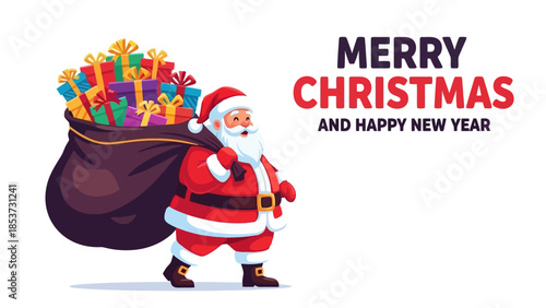 Santa Claus with a Bag Full of Gifts Wishing Merry Christmas and Happy New Year