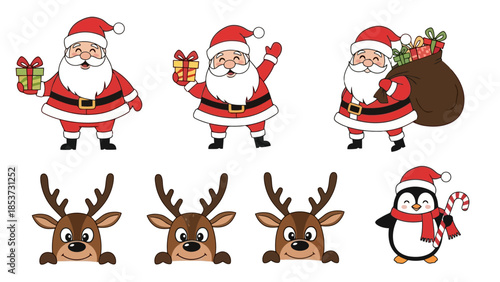 Holiday Icon Set Santa Claus, Reindeer and Penguin Illustrations for Festive Designs