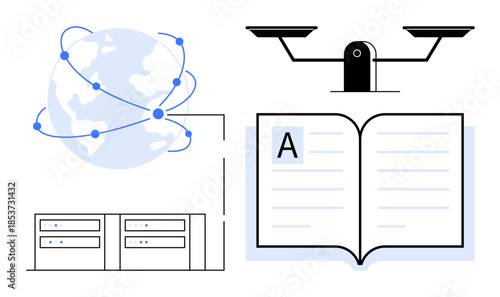 Education, global communication, technology, justice, knowledge systems, legal research. Earth globe with network, scale and open book. Global communication and justice concept