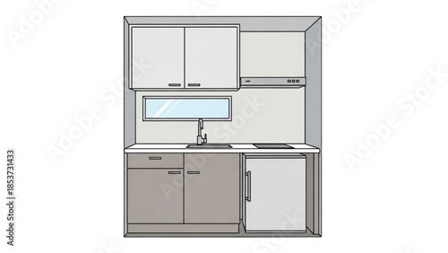 Illustration of a modern kitchen with cabinets, sink, and countertop from a front viewpoint