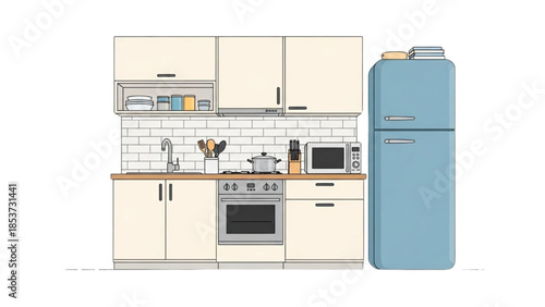 Modern kitchen interior with appliances and blue refrigerator viewed from the front