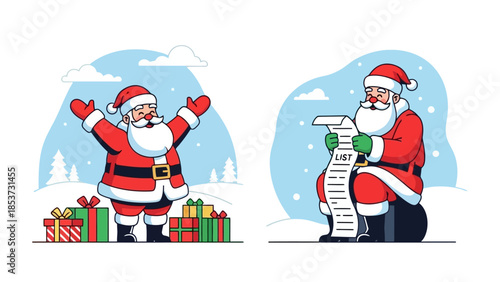 Santa Claus at Work Checking the Naughty or Nice List and Delivering Christmas Gifts