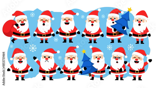 Festive Collection of Adorable Santa Claus Characters in Various Merry Expressions and Poses, Ready for Holiday Cheer