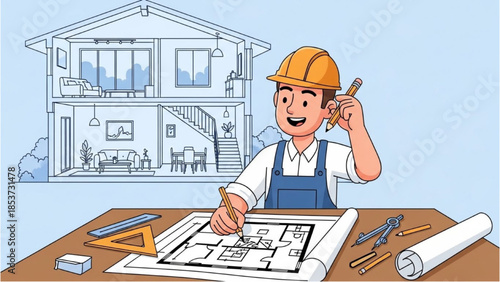 An architect designing a modern house blueprint on a desk with various architectural tools nearby