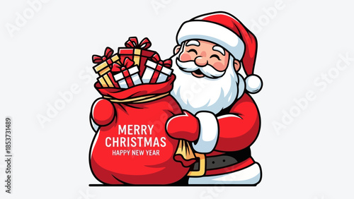 Santa Claus With A Bag Full of Christmas Presents, Wishing Merry Christmas and Happy New Year