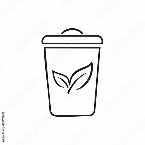 Line art icon of a recycling bin or compost bin with two leaves, symbolizing eco-friendly waste disposal and environmental responsibility.