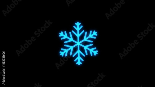 Glowing Blue Snowflake Animation with Symmetrical Ice Crystal Design on Black Background