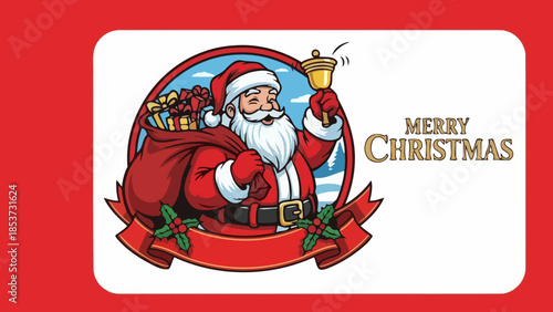 Jolly Santa Claus Ringing Bell with Gift Sack and Ribbon for Christmas Greetings