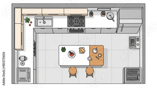 Overhead view of a modern kitchen with a dining table set for a meal, surrounded by sleek appliances and countertops