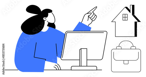 Business, career planning, work-from-home, professional goals, real estate, personal ambition. Person at a desk with computer, pointing at house and briefcase icons. Career planning and business