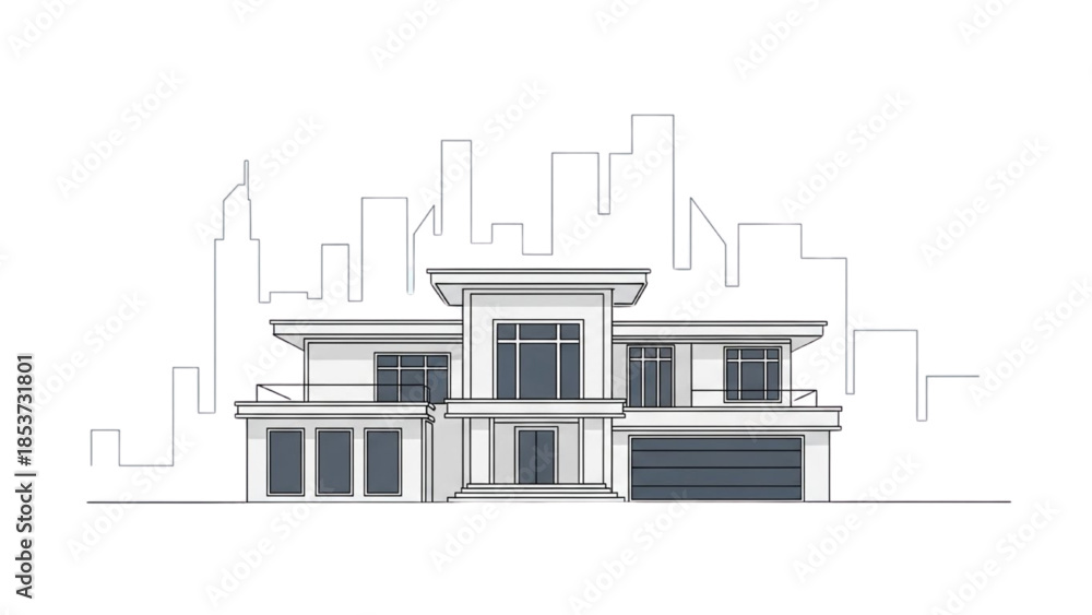 Fototapeta premium Modern House Illustration with Cityscape Background