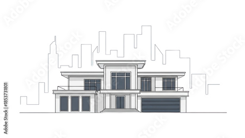 Modern House Illustration with Cityscape Background