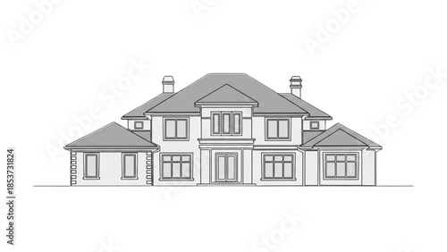 Detailed architectural drawing of a modern two-story house with a gray roof, multiple windows, and chimneys, viewed from the front.