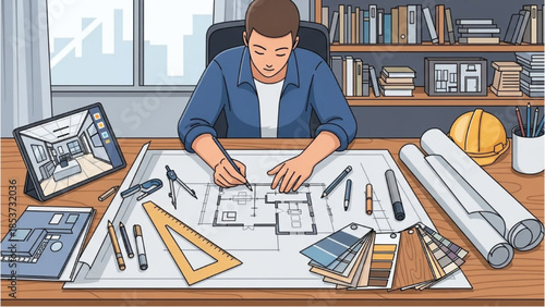 An architect working on a blueprint at a desk in an office environment from a high viewpoint