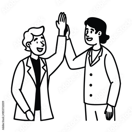 Doctor And Patient High Five Healthcare Concept vector line art on white background