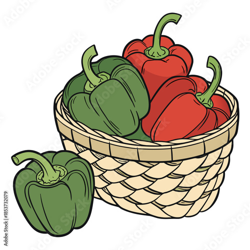 Basket filled with fresh colorful vegetables including peppers tomatoes onion and pumpkin isolated on a white background for healthy food illustration