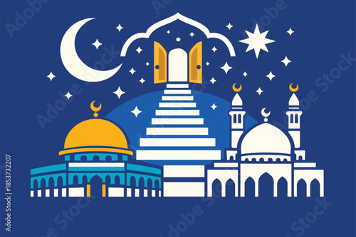 Al Isra Wal Miraj Rajab Illustration Celebrating Sacred Night Spiritual Journey Symbolic Islamic Heritage Design