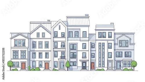 Modern multi-story residential buildings with varied architectural styles and lush greenery in the foreground viewed from the front