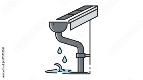 Illustration of a downspout leaking water onto the ground near a building