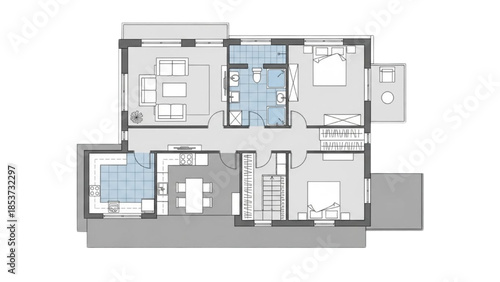 Detailed floor plan illustration of a modern residential building layout