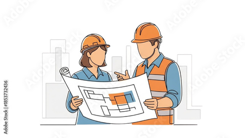 Two construction workers examining a blueprint together