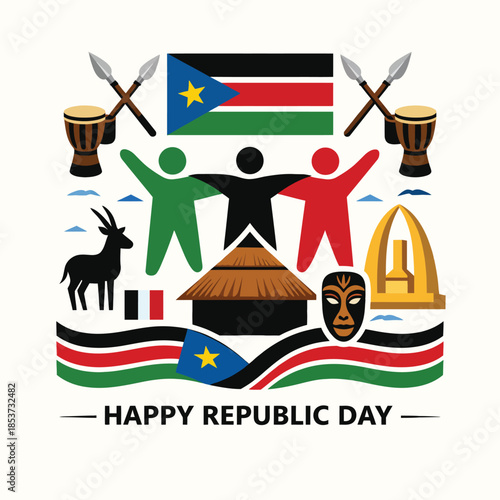 Square Republic Day Icon Showing South Sudan National Celebration Freedom Unity Cultural Symbols Minimal Flat Illustration