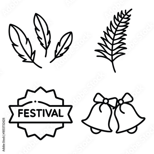 Soft Bird Feathers, Tropical Fern Leaf, Decorative Festival Badge, and Christmas Jingle Bells Outline Icons Set