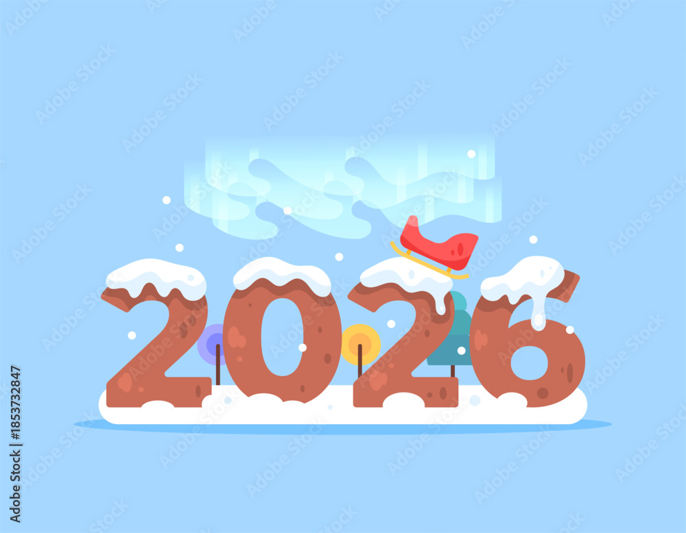 Naklejka premium Happy New Year 2026 illustration concept. Gingerbread cookies with snow and aurora. Snow and Christmas. Celebrations, events, parties, and festivals. Flat style design. Blue background, calendar