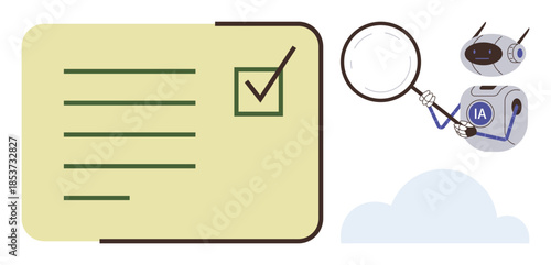 AI robot holds magnifying glass examining checklist to imply data accuracy. Ideal for artificial intelligence, quality assurance, task management, data analysis, auditing, automation, simple flat