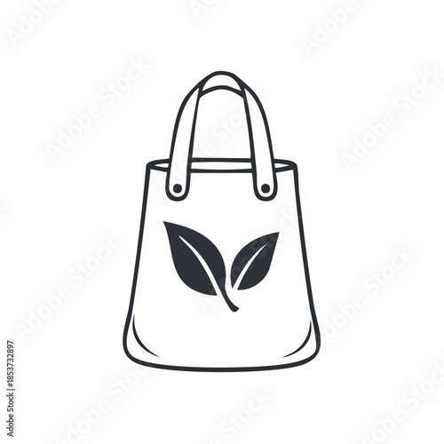 Line art illustration of a reusable shopping bag with two leaves, symbolizing eco-friendliness and sustainability.