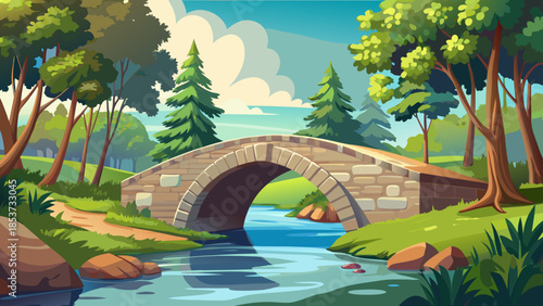 Very beautiful stone arch bridge crossing a calm river in a park setting, surrounded by trees, open sky, and natural greenery forming a timeless and peaceful landscape scene.