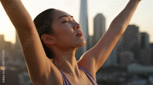 Young Woman Breathing Deeply Outdoors Embracing Calm and Freedom
