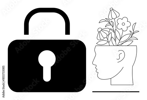 A head with flowers growing out of it beside a padlock. Examines the relationship between creativity and protection. Ideal for innovation, mindfulness, mental health, self-expression, growth