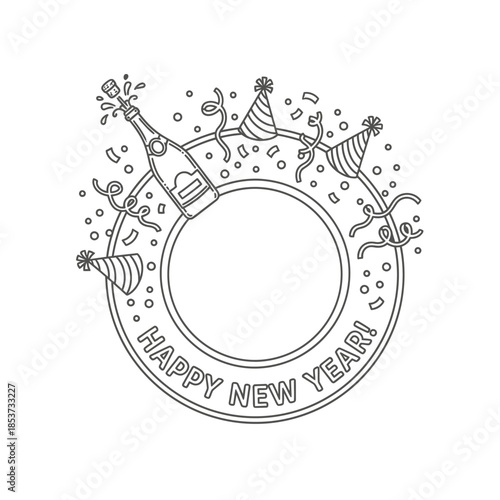 Happy New Year celebration scene with champagne and confetti decorations