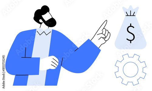 Business professional gestures at a money bag and gear, suggesting investment, financial growth, and productivity. Ideal for business, finance, entrepreneurship, economy, strategy innovation