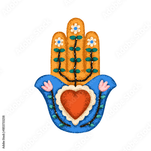 Mexican heart in hand palm shape. Sacred folk corazon, milagro, love protection symbol from Mexico culture. Valentine in frame with flowers. Flat vector illustration isolated on white background