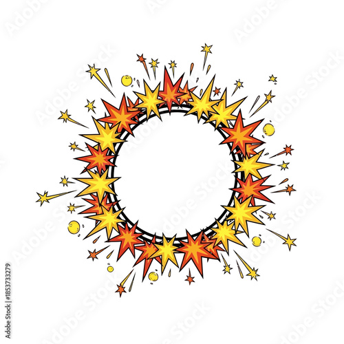 Vibrant fireworks explode in a circular pattern on a white background at New Year
