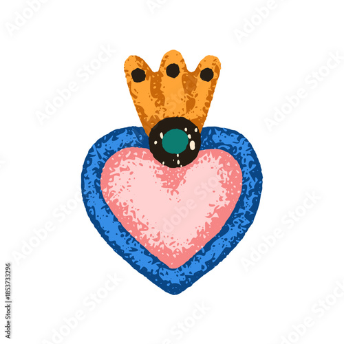Mexican heart, love symbol. Sacred religious spiritual corazon with crown, frame. Folk Mexico ornament, amulet, valentine talisman. Flat vector illustration isolated on white background