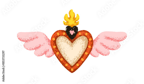 Mexican heart with wings and fire flame, burning crown. Mexico culture corazon for valentine day. Holy sacred love, spiritual folk symbol. Flat vector illustration isolated on white background